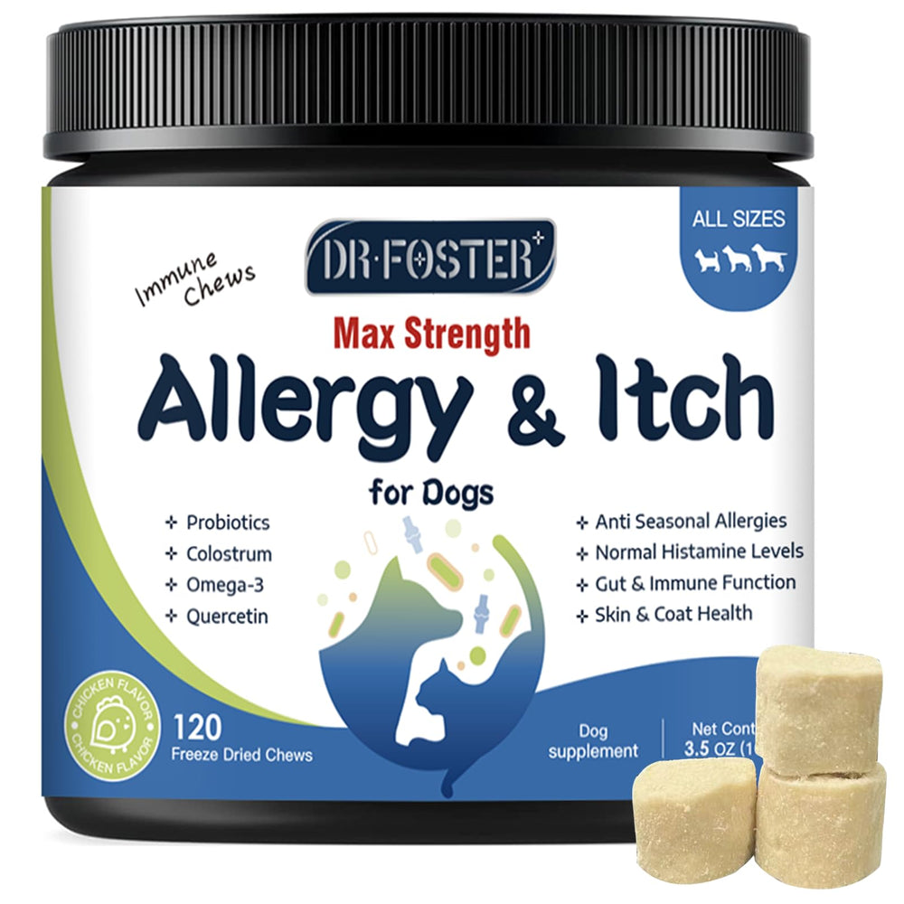 Gommes DRFOSTER allergie chien dans une boîte, dosage facile.
