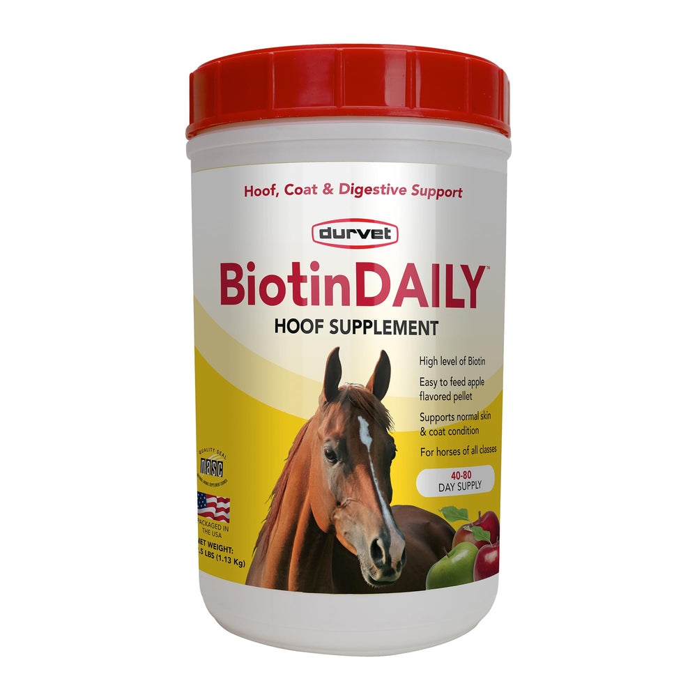 Durvet Biotine Quotidienne – pellets pomme, administration facile et apport nutritionnel doux.