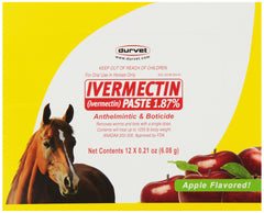 Pâte Durvet vermectine pour chevaux, seringue doseuse, saveur pomme appréciée par les chevaux.