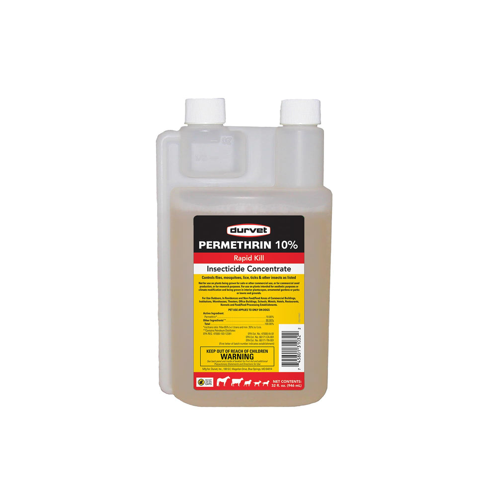 Bouteille Durvet Perméthrine EC10, concentré, prête à l’emploi pour traitements antiparasitaires canins.