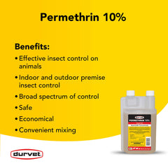Étiquette claire sur Durvet Perméthrine EC10 pour dosages précis et sûrs.