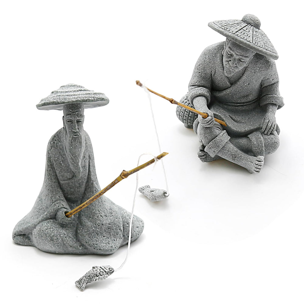 DUZFOREI figurine pêcheur assis sur pierre, décor zen pour aquarium.
