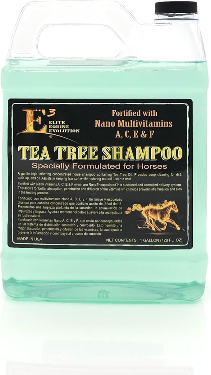 Shampoing E3 arbre à thé pour cheval, bouteille 3,8 L, pelage sain et brillance.