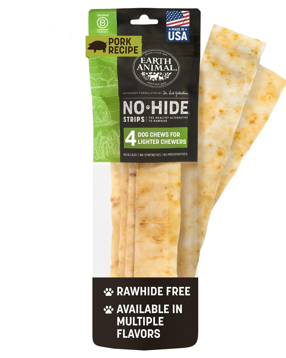 Earth Animal bâtonnets sans peau au porc, collation naturelle pour chien.