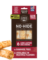 Earth Animal No Hide Chews – rouleaux format moyen paquet, mastication longue durée.