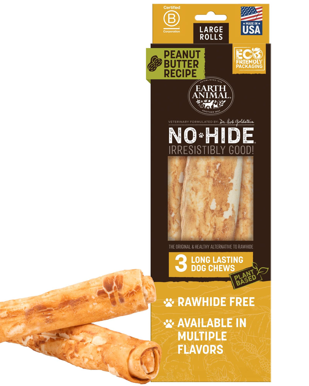Earth Animal No-Hide Chews emballage tri-pack adapté grands chiens.