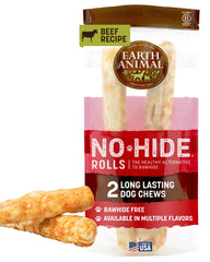 Earth Animal No Hide Chews emballage et bouchées de bœuf pour grands chiens.