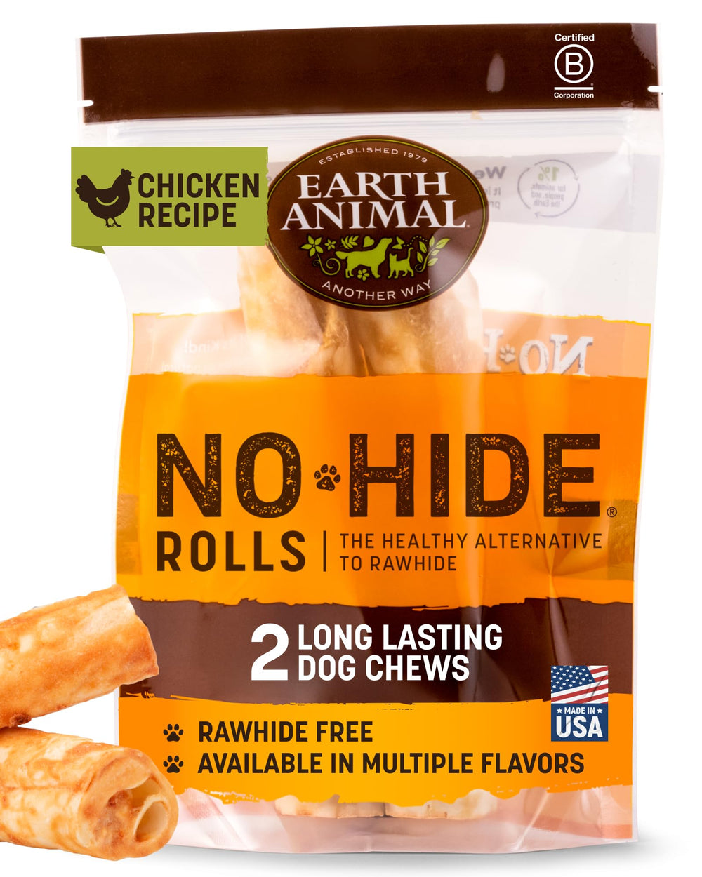 Earth Animal No Hide Chews – rouleaux poulet, friandise durable pour chien moyen