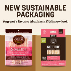 Earth Animal No Hide Stix bâtonnets saumon, texture croquante pour chiens miniatures.