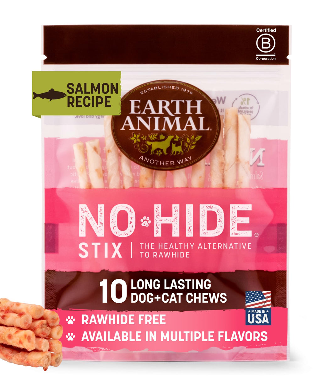 Earth Animal No Hide Stix boîte saumon, friandise sans peau pour petites races.