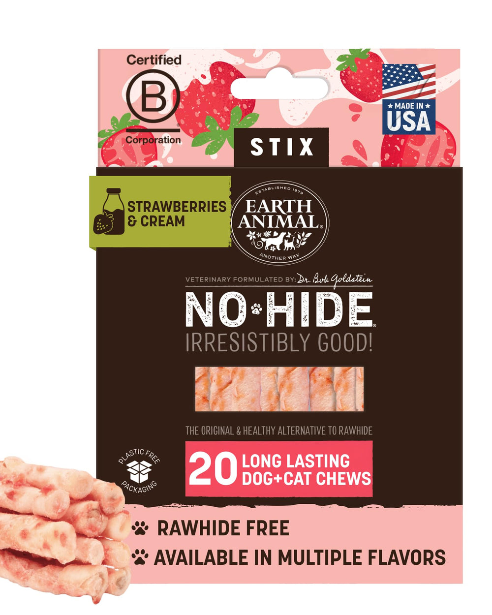 Earth Animal No-Hide Stix fraises et creme, gâterie naturelle pour dents et gencives.