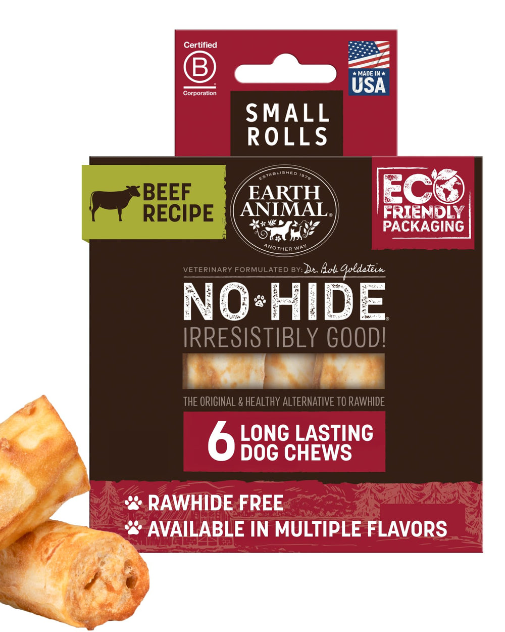 Earth Animal Friandises Sans Cuir – rouleaux de bœuf pour petits chiens, 6 pièces, mastication durable.