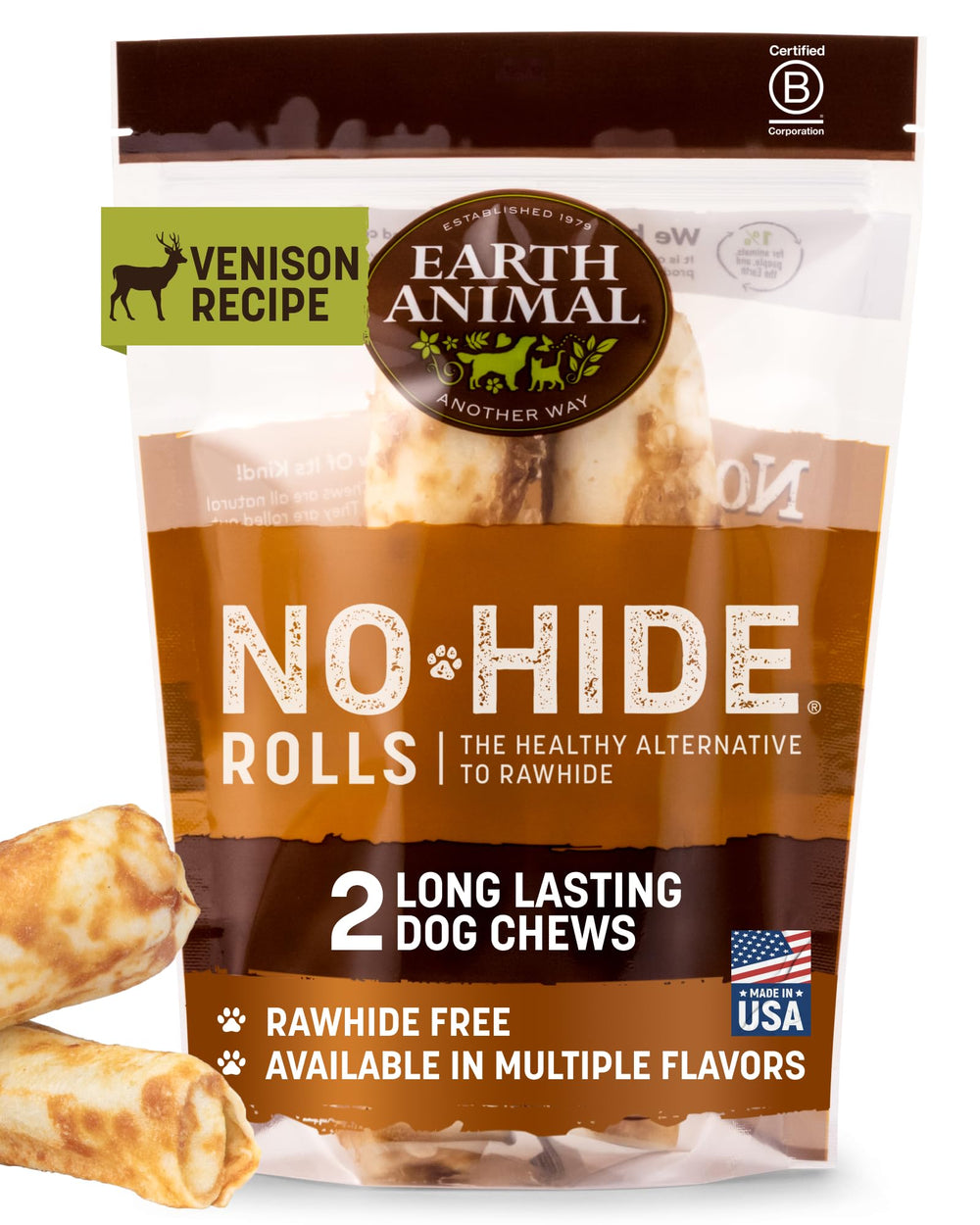 Earth Animal friandises sans cuir, rouleaux venaison moyen, bouchée durable pour chien moyen.