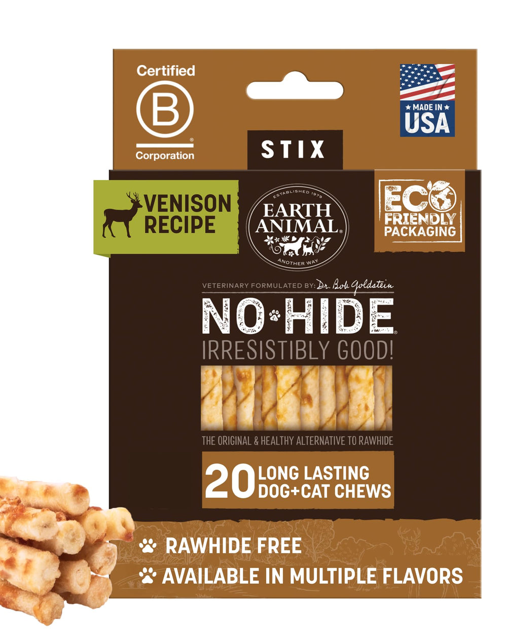 Earth Animal Stix Sans Peau au cerf en emballage, idéal pour petits chiens