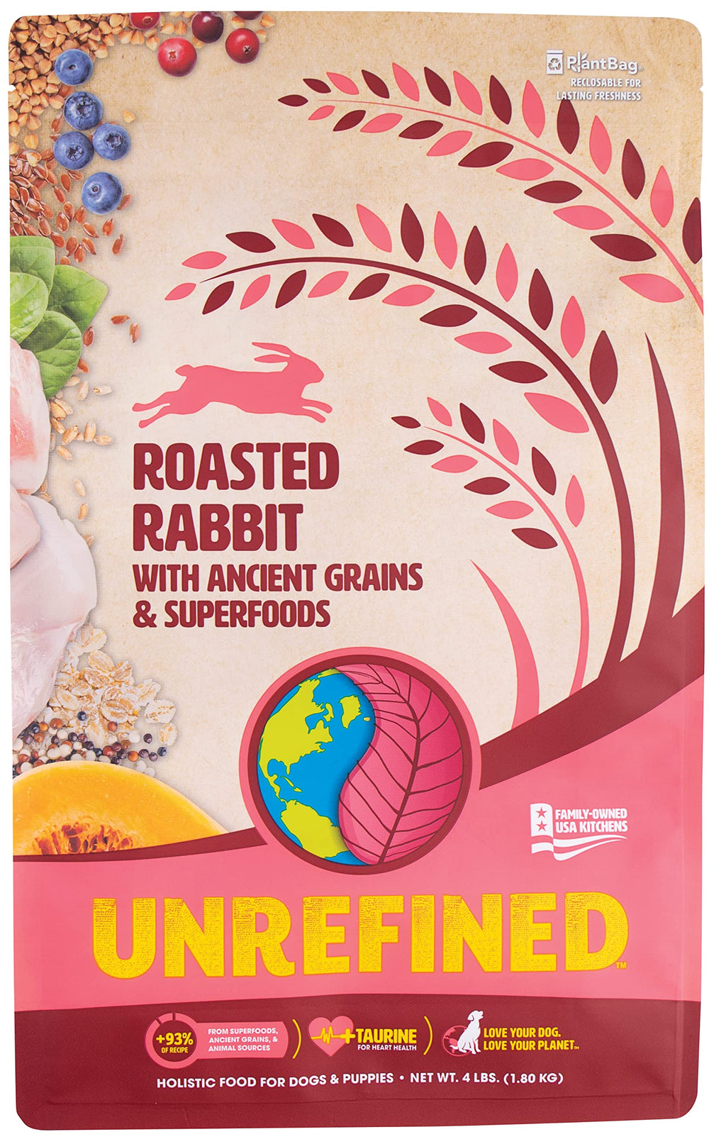 Earthborn Holistic lapin aux grains anciens, croquettes protéinées pour chiens actifs.