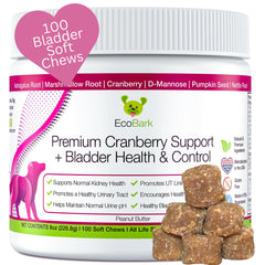 EcoBark bouteille friandises à la canneberge pour chiens, favorise le confort urinaire.