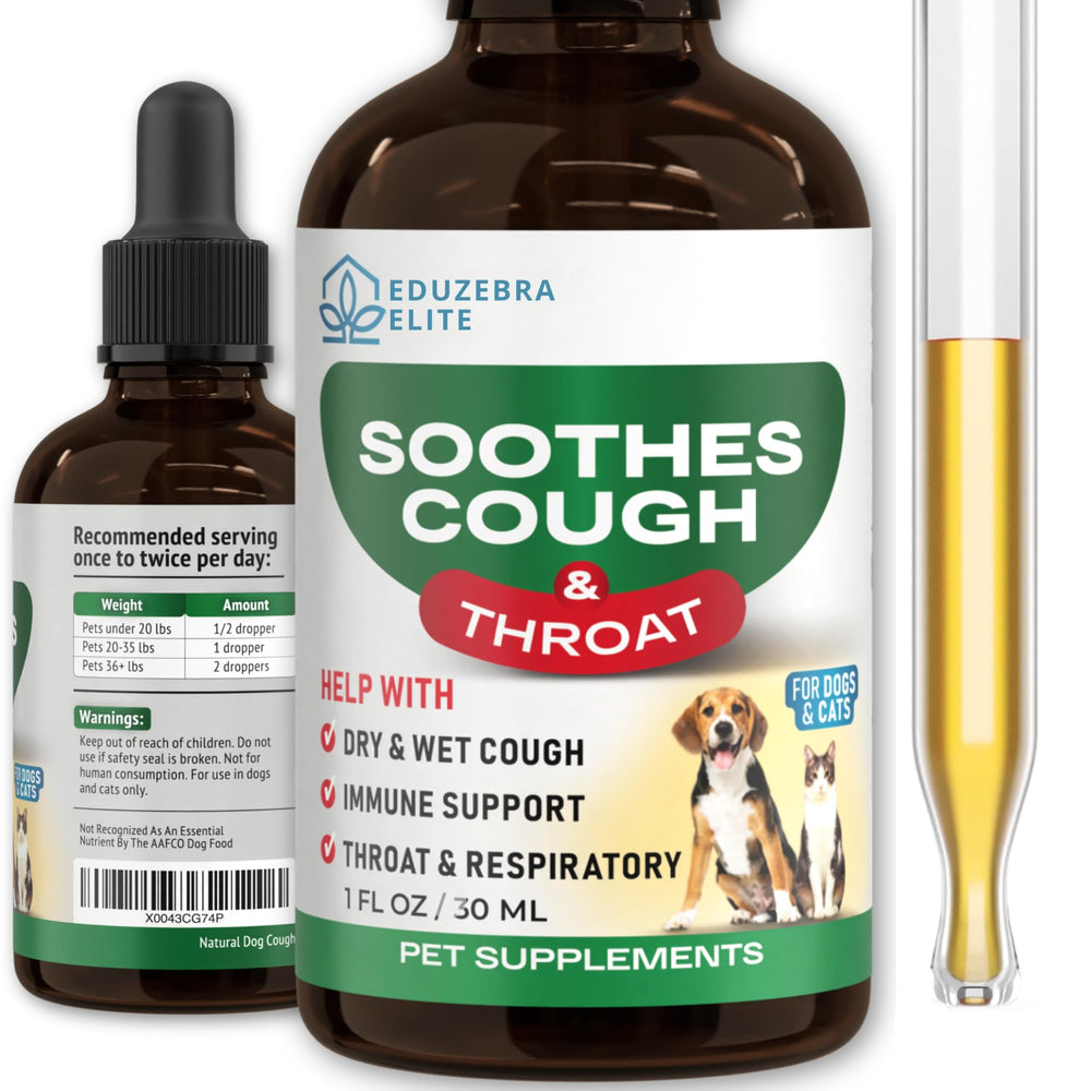 Gouttes EduZebra pour toux chez chiens et chats, bouteille portable pratique.