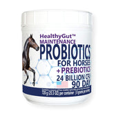 Équa Holistics HealthyGut: bouteille montrant le produit pour chevaux, favorise digestion normale.