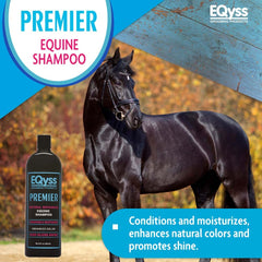 Eqyss Premier Shampoing équin – pelage brillant et couleurs plus intenses après rinçage.