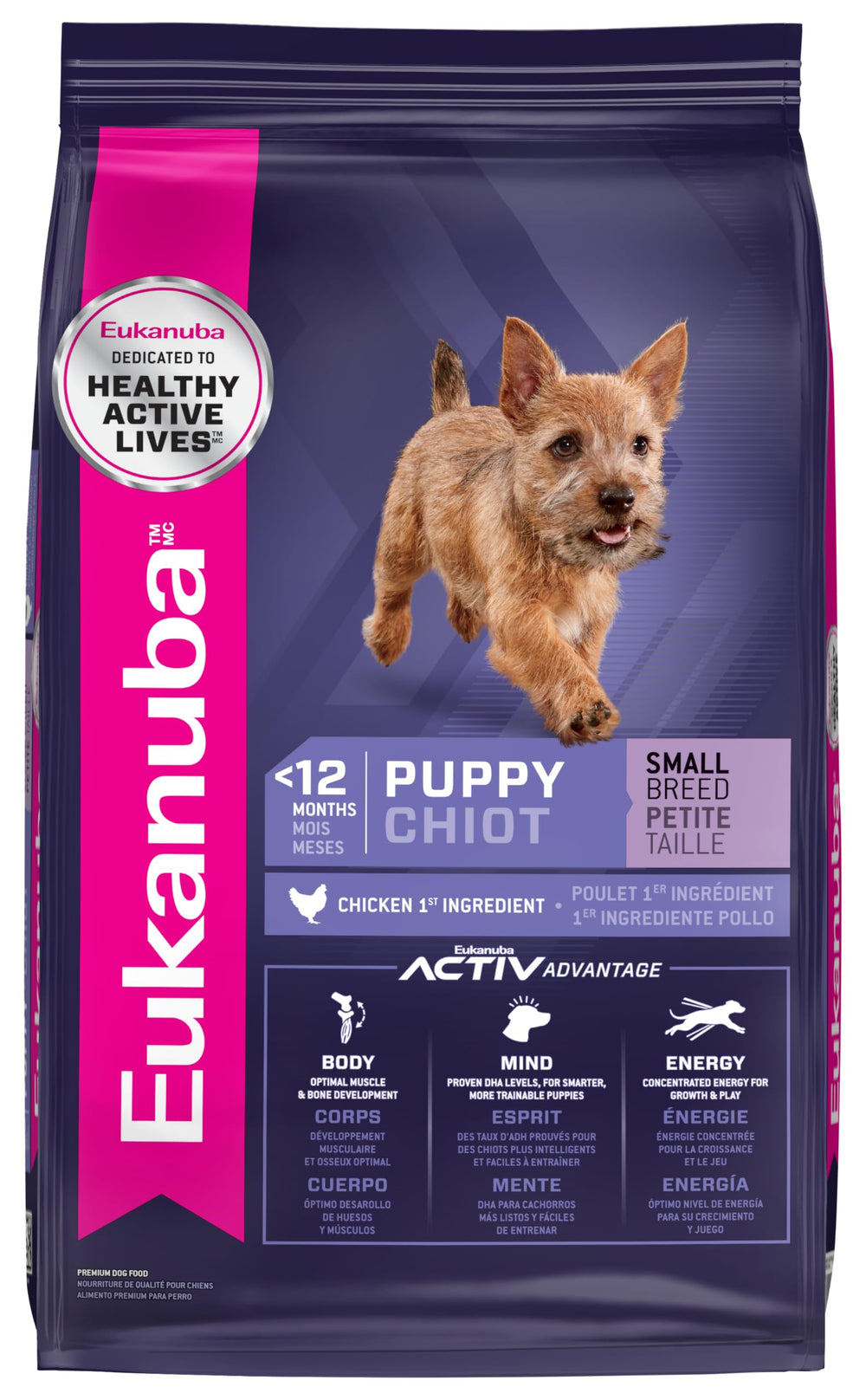 Eukanuba Chiot petite race – croquettes visibles, soutien croissance et énergie quotidienne.
