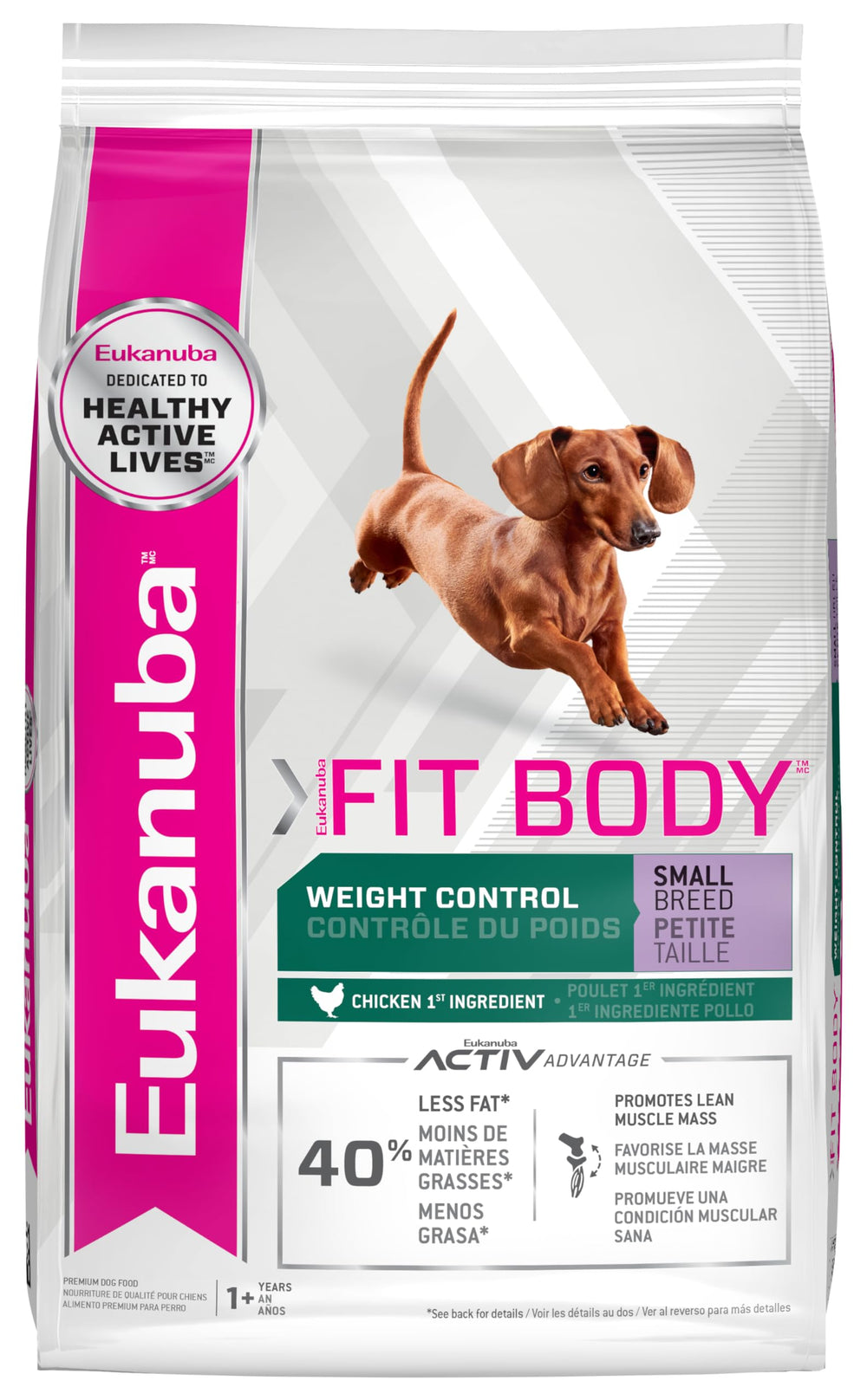 Aliment Eukanuba Fit Body, sachet 15 livres, idéal pour petit chien actif.