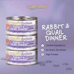 Texte image montrant la boîte Evanger's lapin et caille, texture humide et appétence.