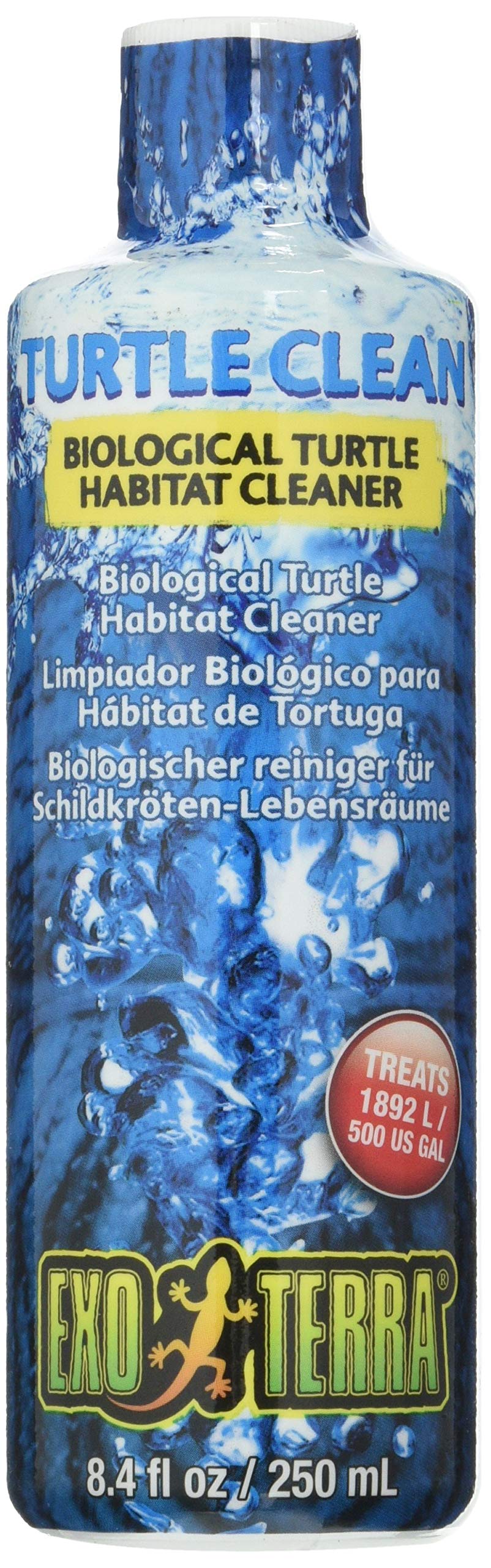 Nettoyant biologique Exo Terra pour habitat de tortues — image de la bouteille et du dosage.