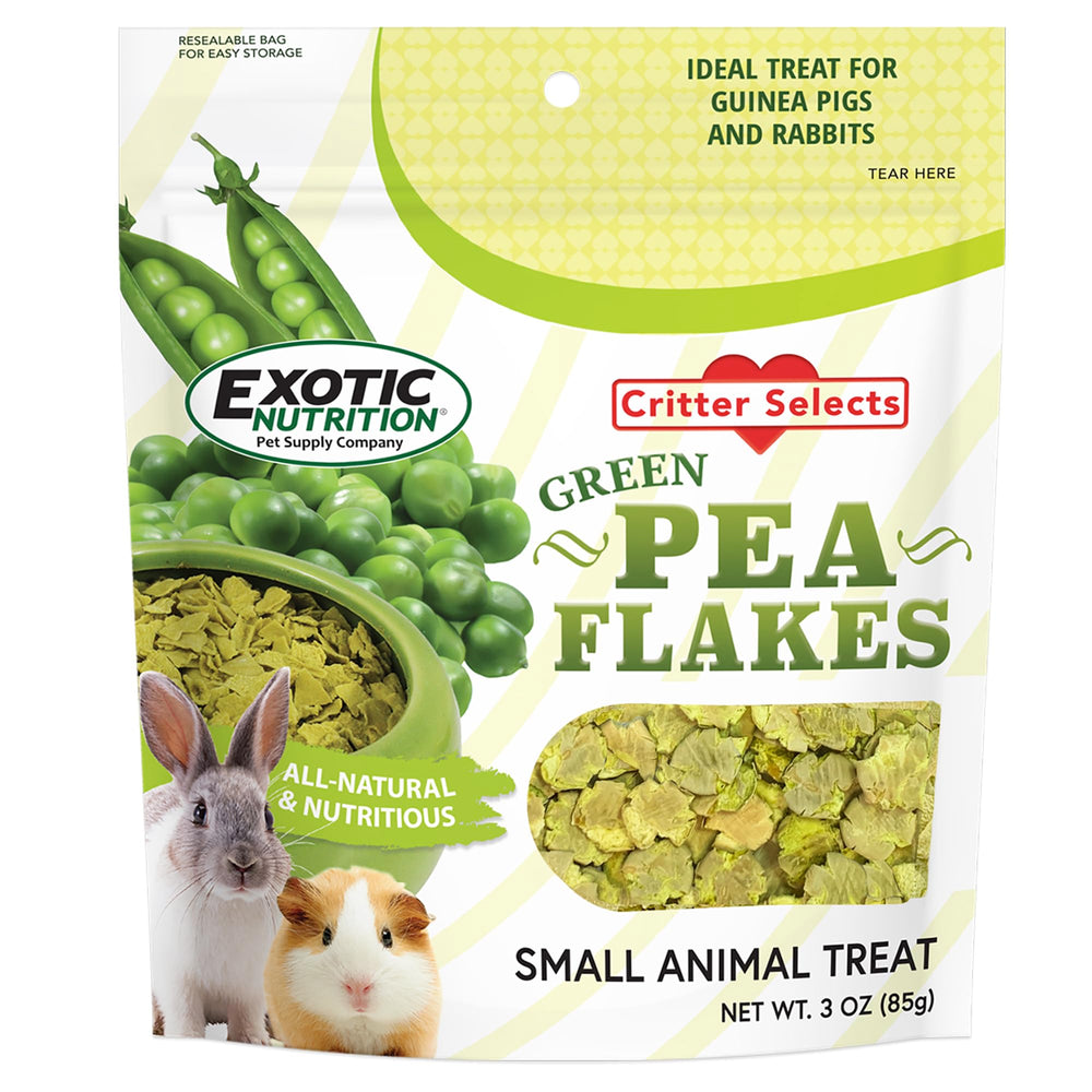 Exotic Nutrition flocons-pois-verts 3oz, emballage visible, friandise naturelle pour petits animaux.
