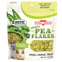Exotic Nutrition flocons-pois-verts 3oz, emballage visible, friandise naturelle pour petits animaux.
