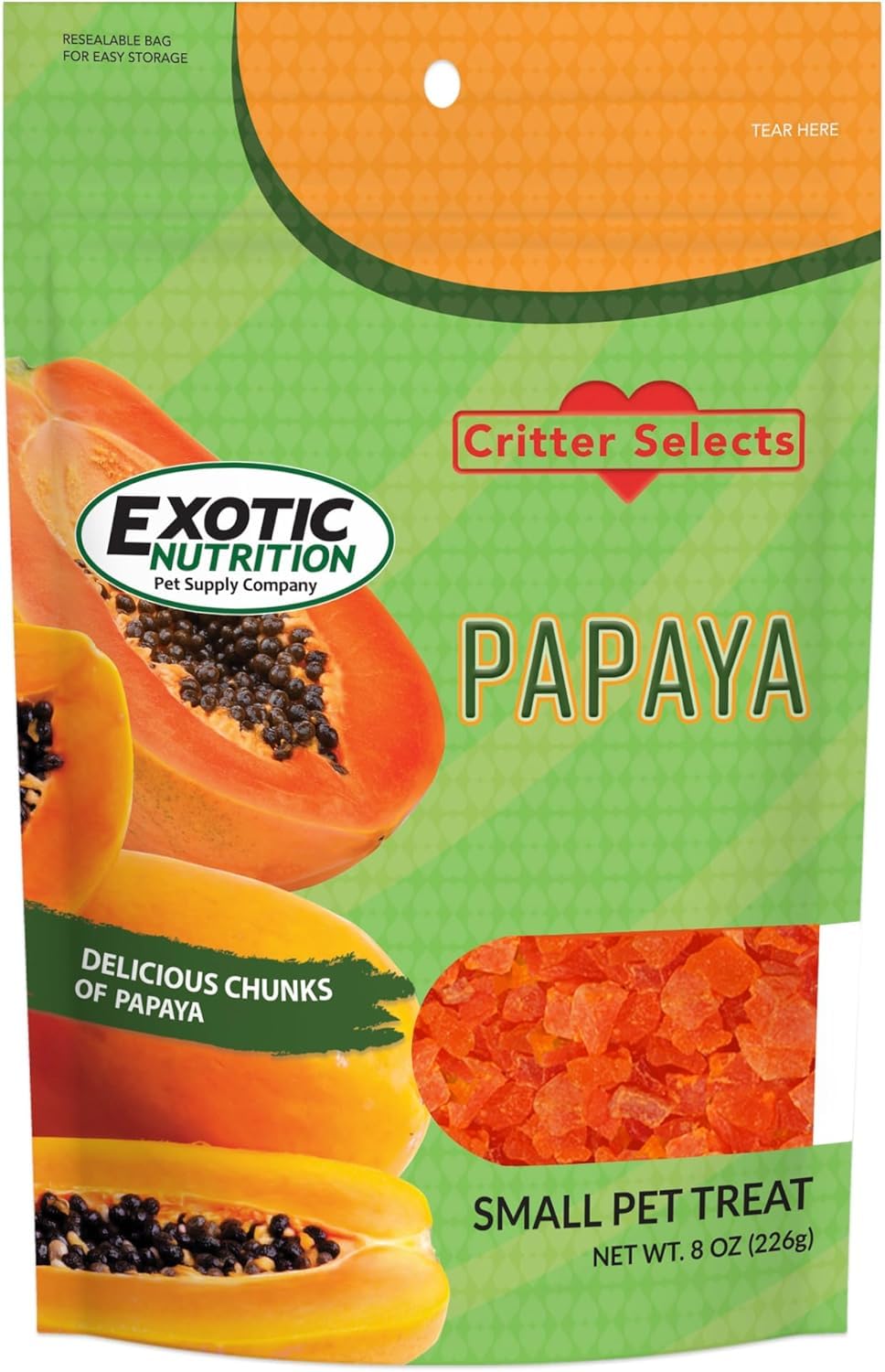 Exotic Nutrition Papaye cubes seches: bouchées faciles à partager pour petits animaux.