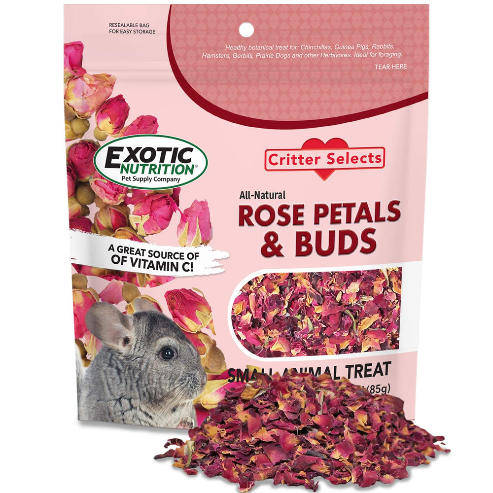 Exotic Nutrition pétales et bourgeons de rose – emballage, friandise légère pour petits animaux.