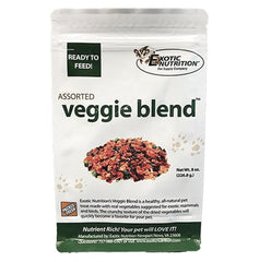 Exotic Nutrition Veggie Blend — emballage clair, friandise végétale variée pour petits herbivores