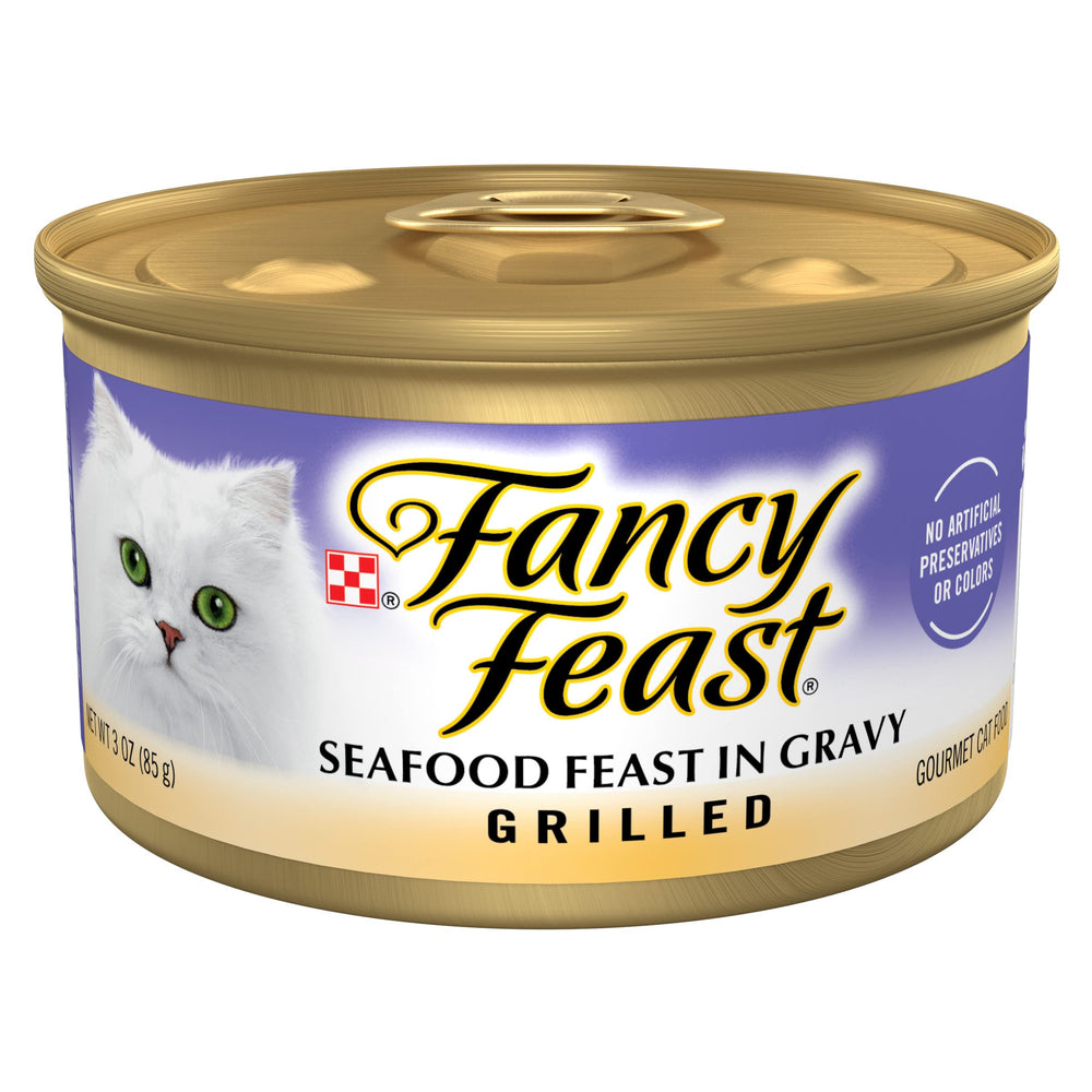 Fancy Feast: boîte poisson-crevettes grillées dans une sauce savoureuse pour repas humide du chat.