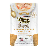 Fancy Feast Broths crèmeux thon-poulet-poisson-blanc, complément savoureux pour repas variés.