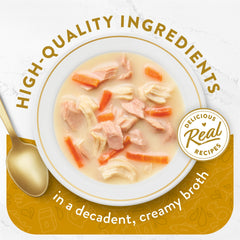 Fancy Feast Broths crèmeux thon-poulet-poisson-blanc, texture onctueuse appréciée par les chats.