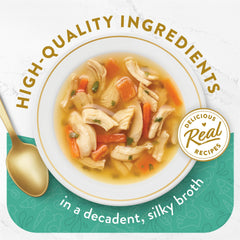 Texture lisse Fancy Feast Broths, idéale pour hydrater et varier les repas.