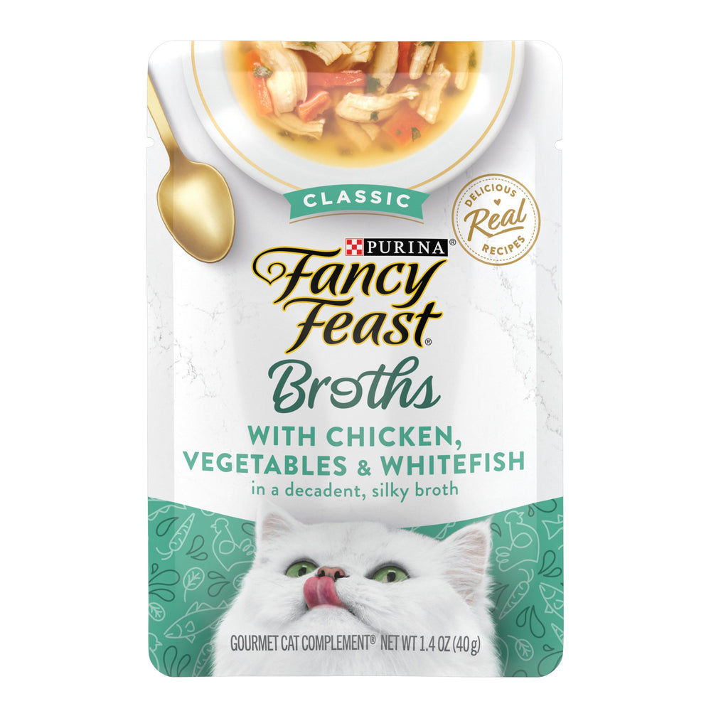 Bouillon soyeux Fancy Feast Broths au poulet et poisson, en poche pratique.