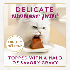 Fancy Feast Gems pate boeuf, forme pyramide, présentation ludique pour les chats.
