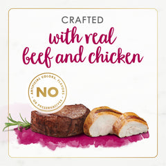 Fancy Feast Gourmet Naturals sans maïs ni soja, choix sans allergènes courants.