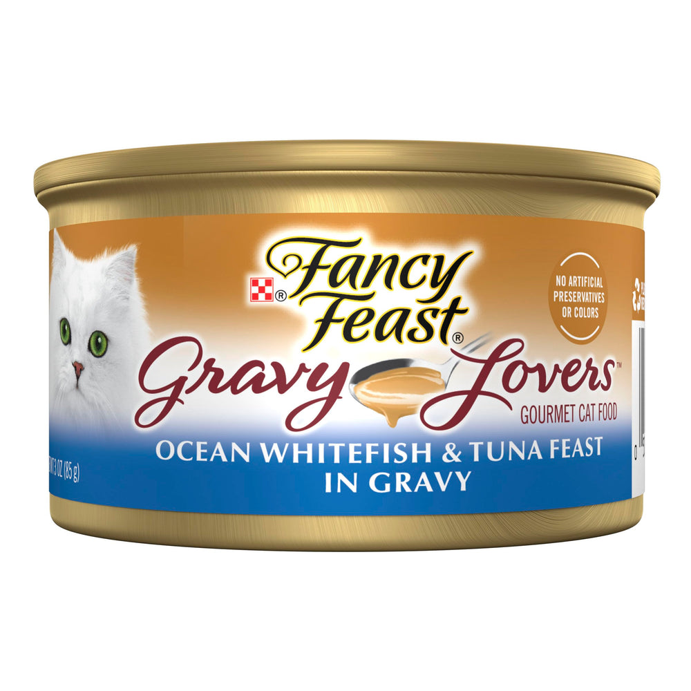 Purina Fancy Feast Gravy Lovers fletan-blanc-thon sur le dessus d'une boite pour chat.