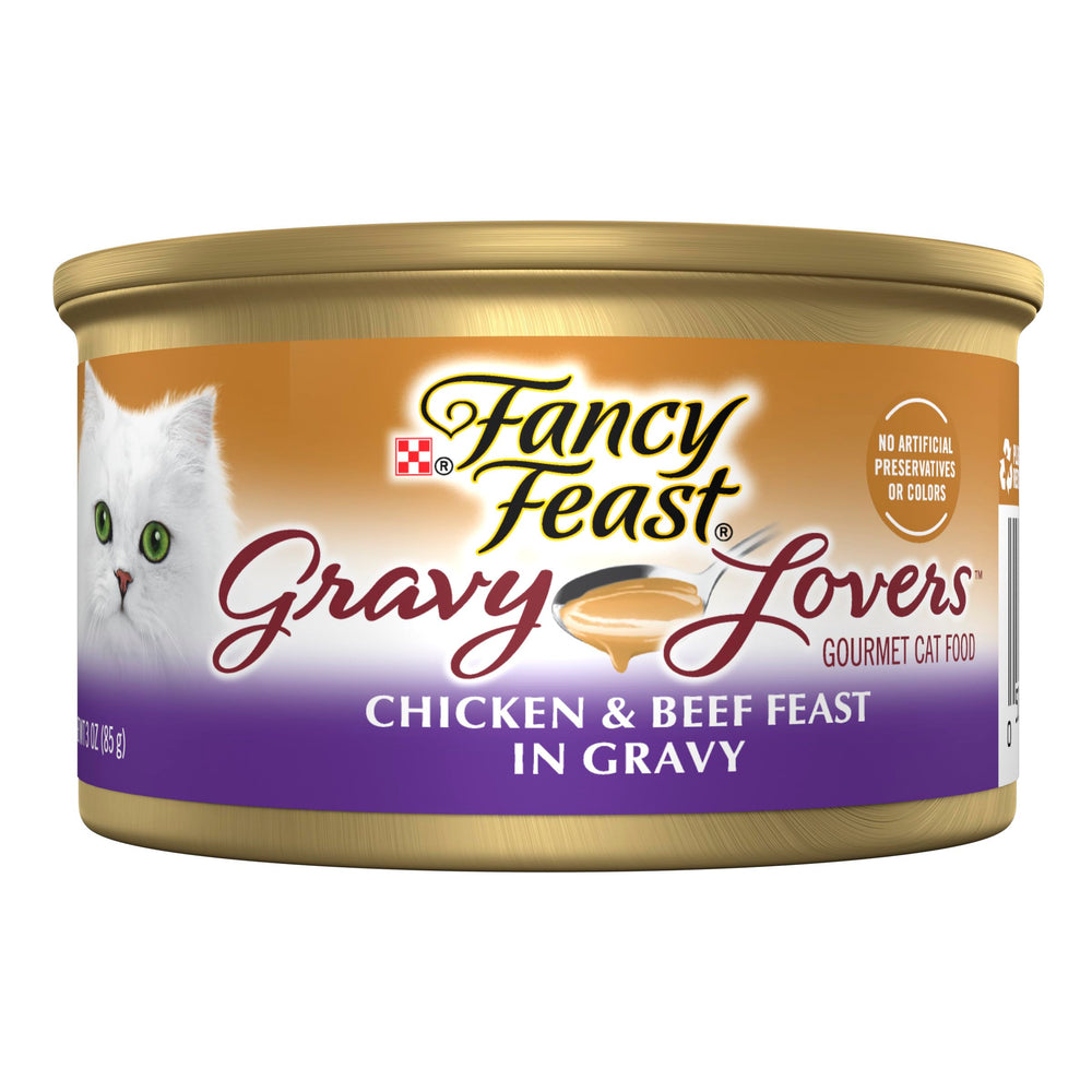 Fancy Feast Gravy Lovers : morceaux poulet et boeuf dans une sauce gourmande, repas humide pour chat.