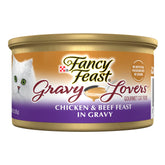 Fancy Feast Gravy Lovers : morceaux poulet et boeuf dans une sauce gourmande, repas humide pour chat.