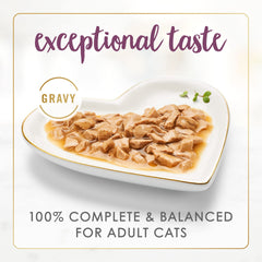 Fancy Feast Gravy Lovers morceaux de poulet tendres dans une sauce savoureuse.