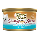 Fancy Feast Gravy Lovers Saumon et Dorade, boîte 3oz ouverte, arôme appétissant pour repas gourmet.