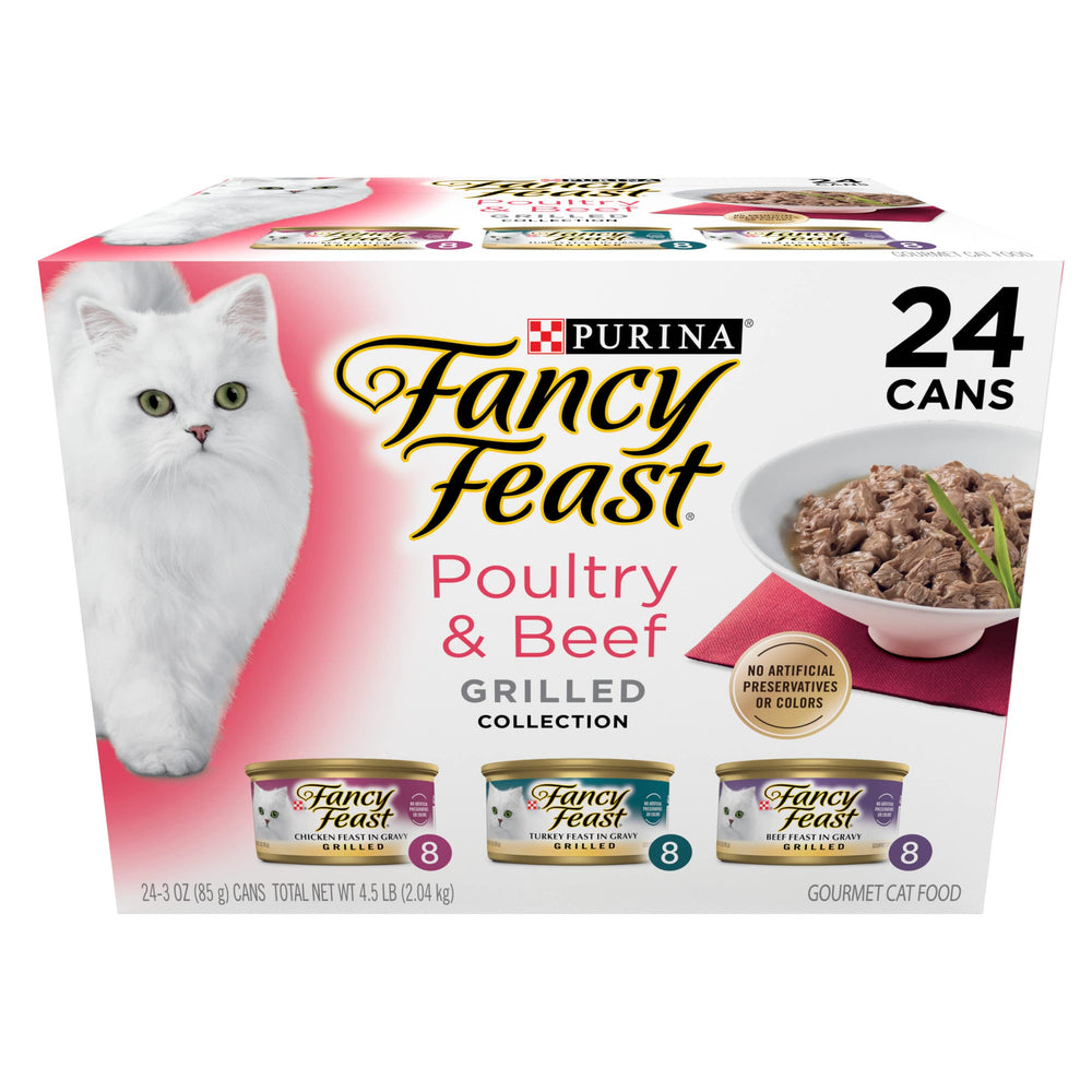 Fancy Feast Grilled: poulet et boeuf, collection pratique de 24 boîtes, repas équilibré.