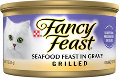 Étiquette Fancy Feast Grillé Fruits de Mer 3oz lisible et informative
