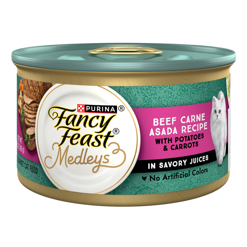 Fancy Feast Medleys Boeuf Carne Asada: patates et carottes, boîte 85 g, idéal pour l'hydratation et le plaisir.