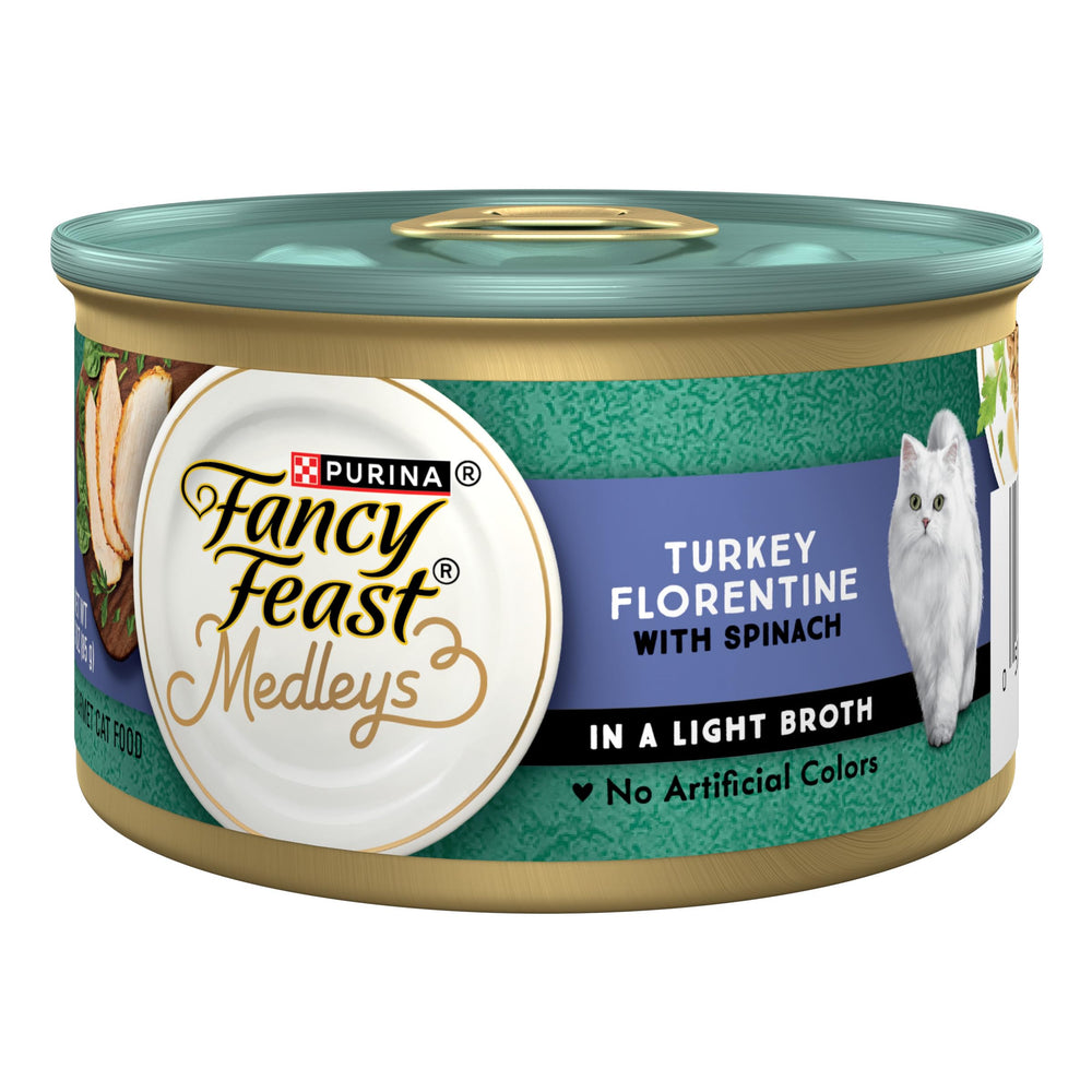 Fancy Feast Medleys Dinde Florentine – Morceaux tendres avec épinards dans un bouillon léger.