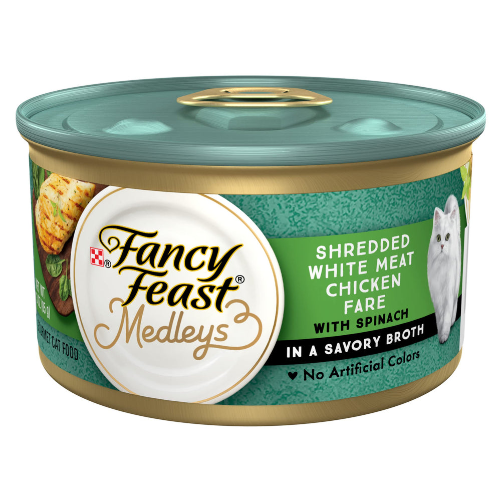 Fancy Feast Medleys: poulet blanc effiloché et épinards dans bouillon savoureux, repas quotidien idéal pour chats adultes.