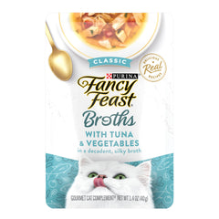 Fancy Feast bouillon thon et légumes, améliore l'arôme et l'hydratation des repas.